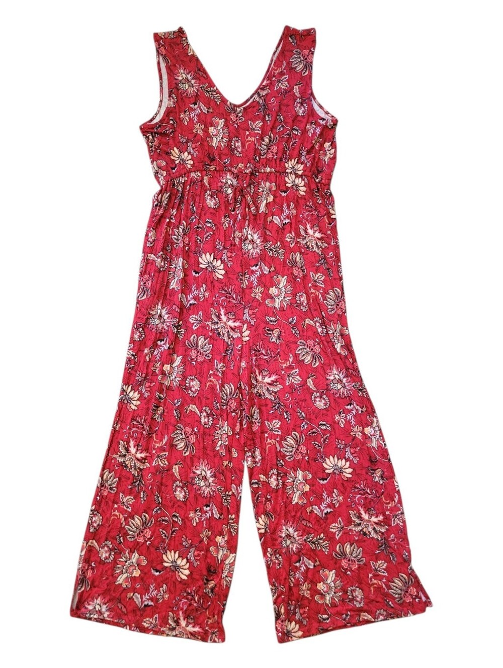 NWT Maurices Red Floral Jumpsuit Sleeveless Wide Leg Tie Waist Rayon Stretch LG